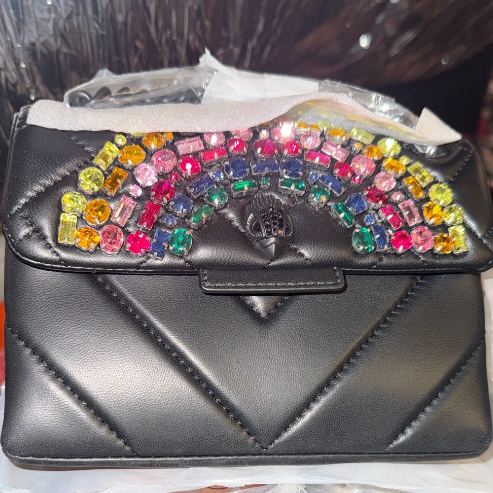 New Kurt Geiger Black Quilted Bag with Multicolor Gem Details